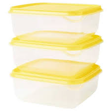 IKEA PRUTA Food Container Set of 3 Transparent Yellow Plastic Storage with Lids Microwave Safe